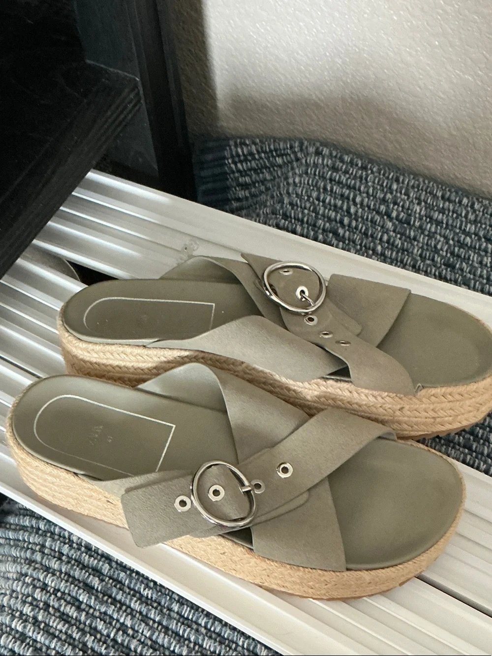 ZARA Olive Green Crisscross Slide Sandals with Silver Buckles